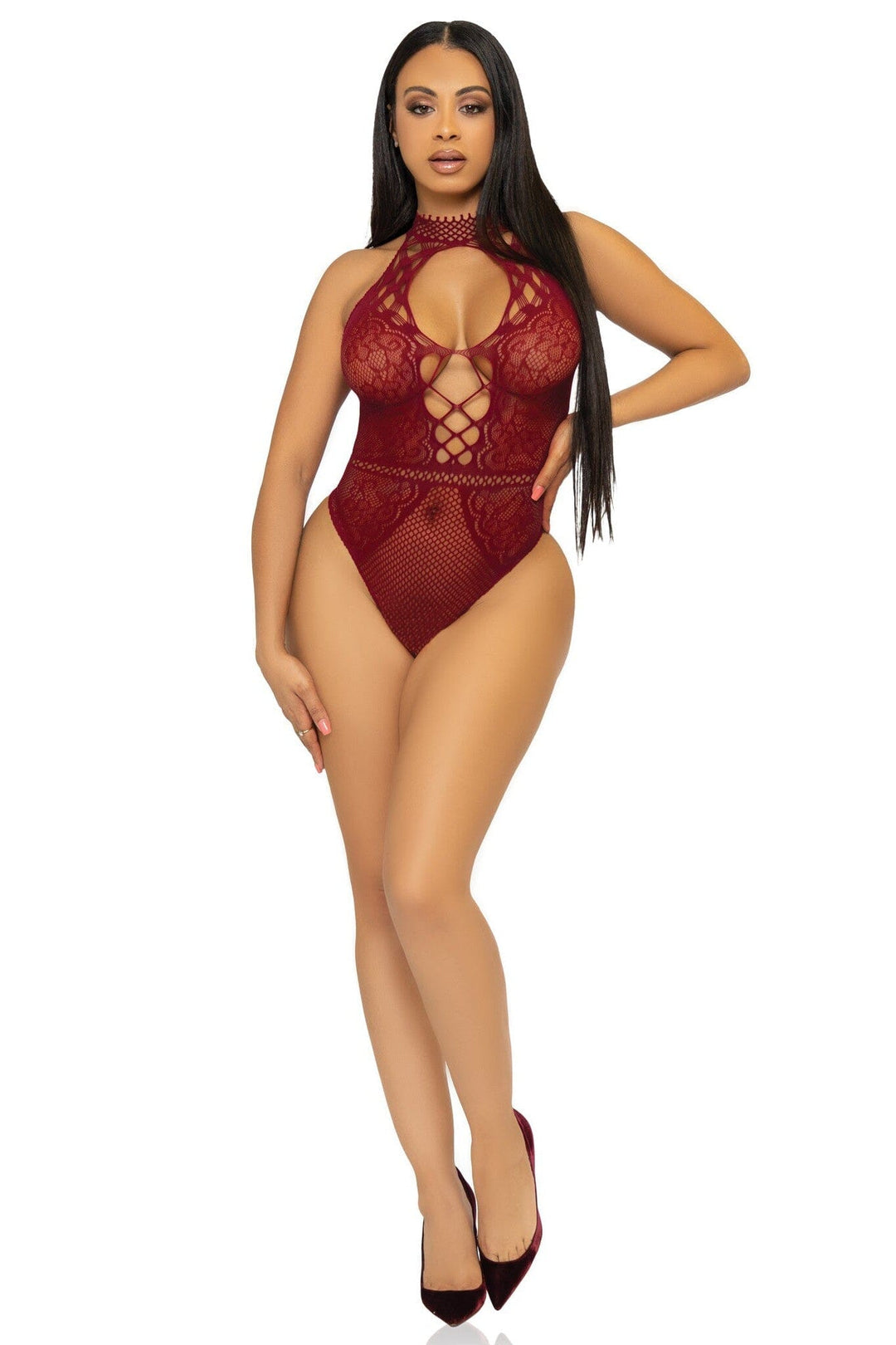 Leg Avenue Net And Lace Keyhole Halter Bodysuit in Burgundy  from SexyShoes.com