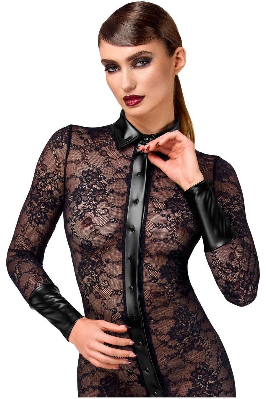 Noir Handmade Noirelle Lace Button up Midi dress in Black 