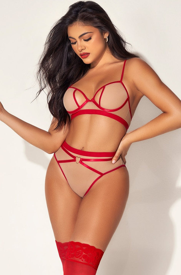 Nude Mesh Two-Piece Set with Red accents