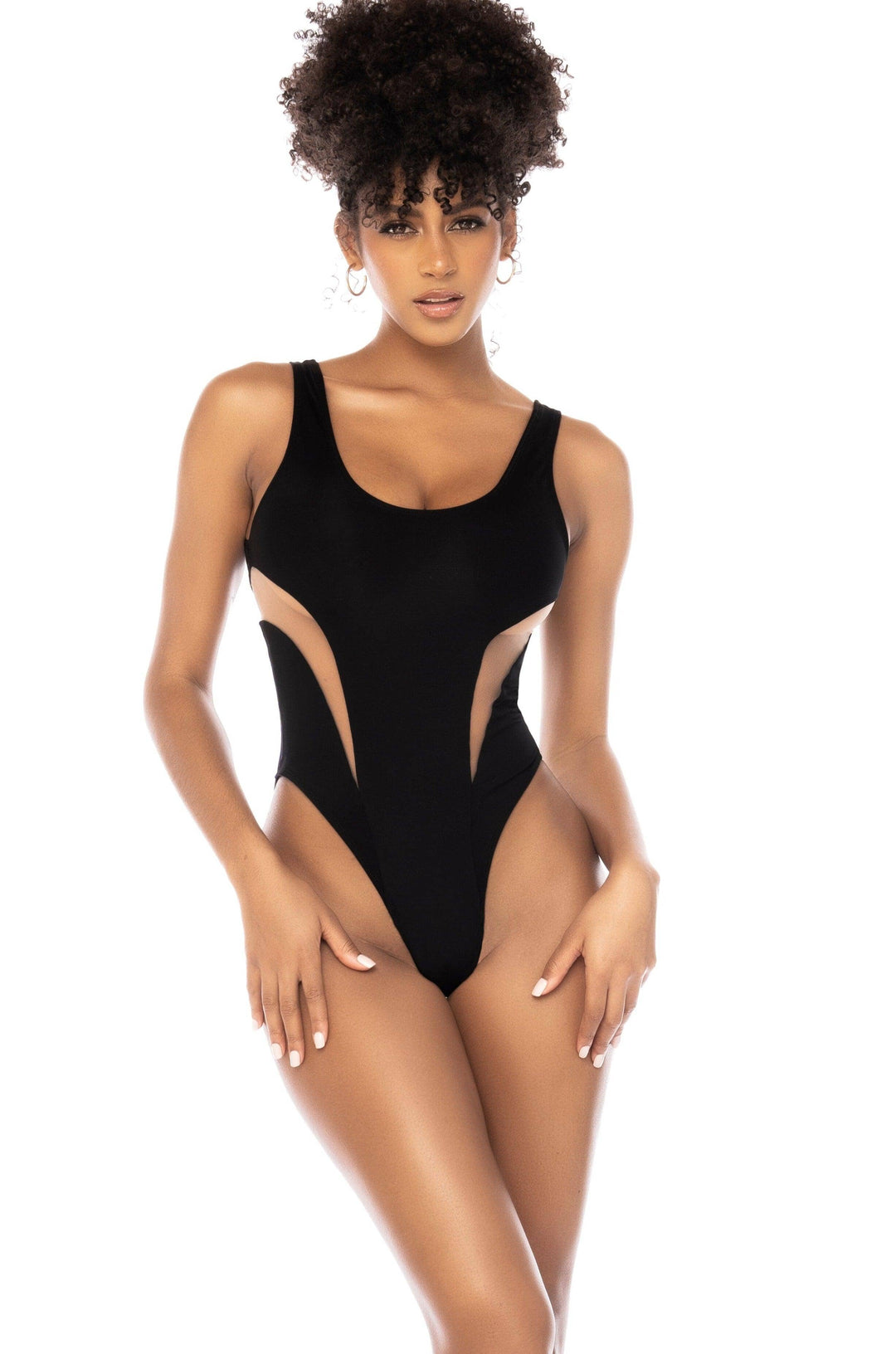 One Piece Swimsuit with Sheer Mesh Contrast - SEXYSHOES.COM