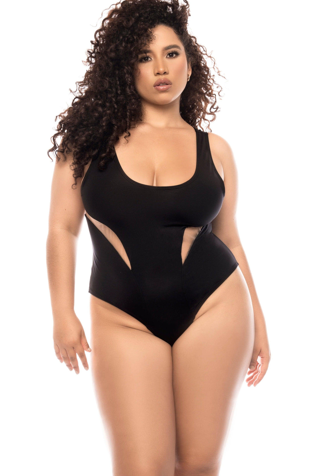 One Piece Swimsuit with Sheer Mesh Contrast - SEXYSHOES.COM
