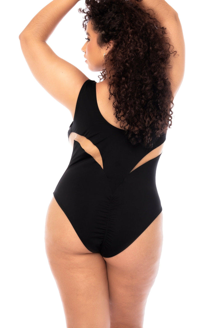 One Piece Swimsuit with Sheer Mesh Contrast - SEXYSHOES.COM
