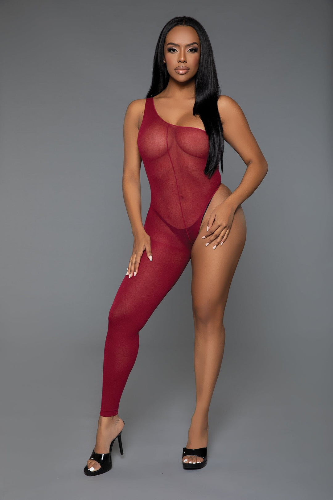 BeWicked One Shoulder Sheer Bodystocking in Burgundy  from SexyShoes.com