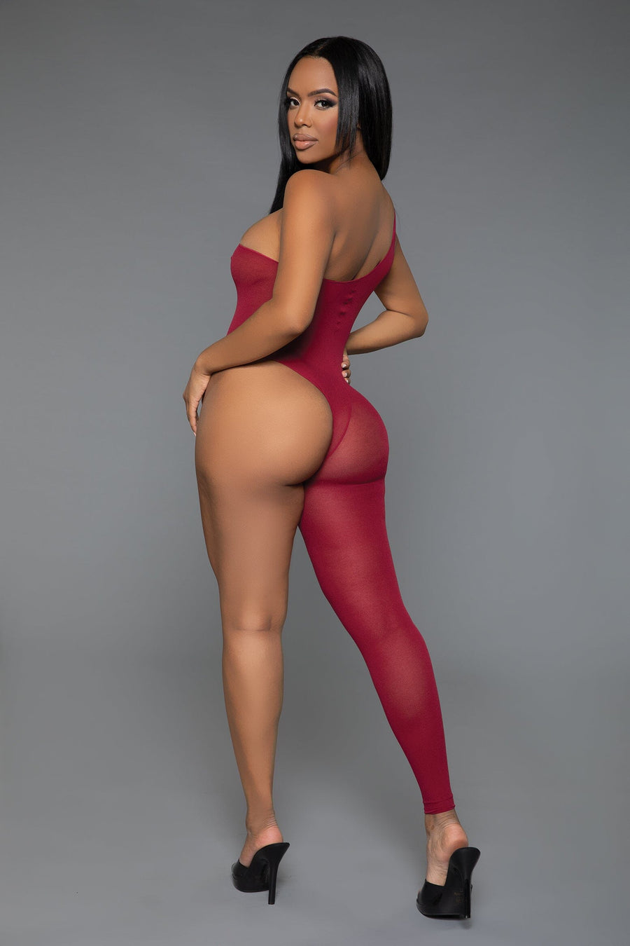 BeWicked One Shoulder Sheer Bodystocking in Burgundy 