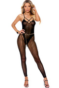Opaque & Crochet Vertical Striped Footless Bodystocking