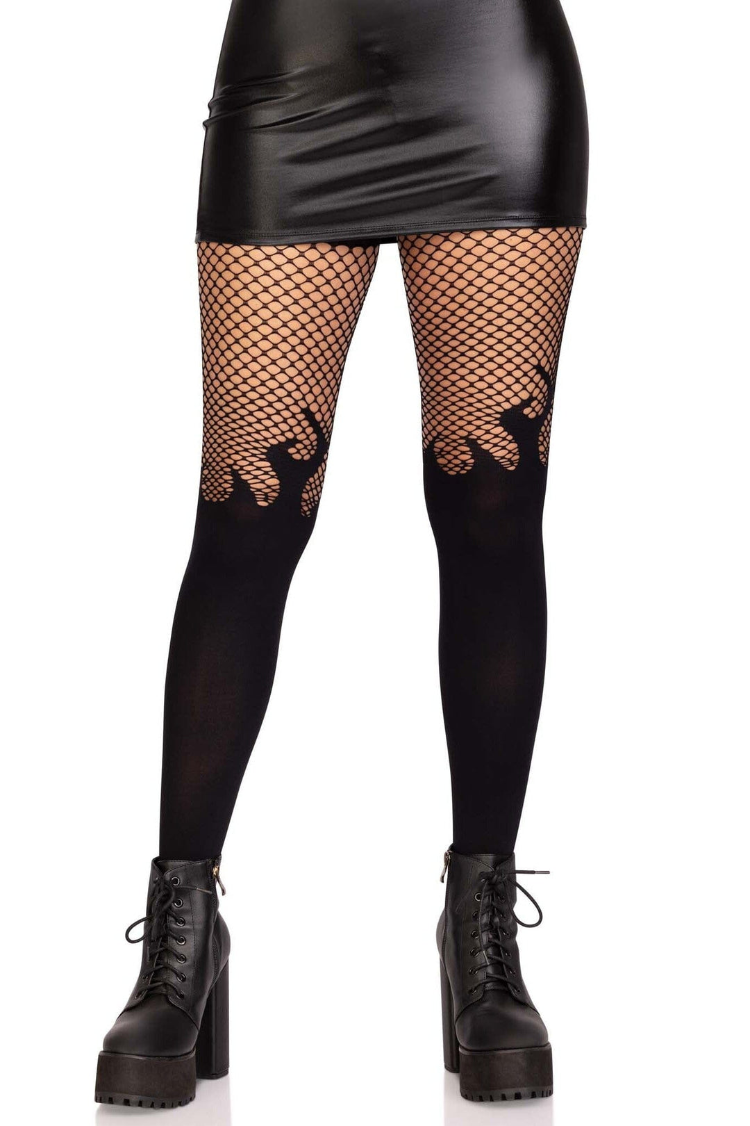 Leg Avenue Opaque Flame Tights With Fishnet Top in Black  from SexyShoes.com