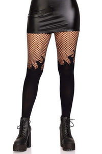Leg Avenue Opaque Flame Tights With Fishnet Top in Black  from SexyShoes.com