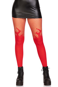 Leg Avenue Opaque Flame Tights With Fishnet Top in Red  from SexyShoes.com