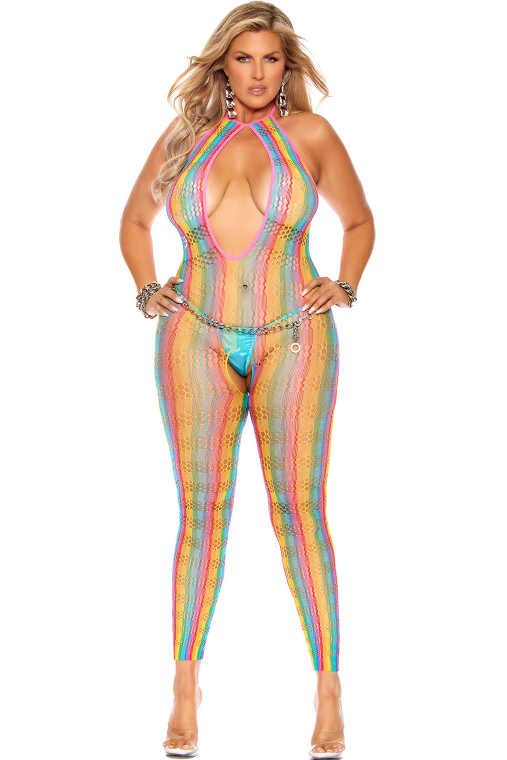 Elegant Moments Open Crotch Footless Bodystocking in Crochet Net Design in Multi  from SexyShoes.com