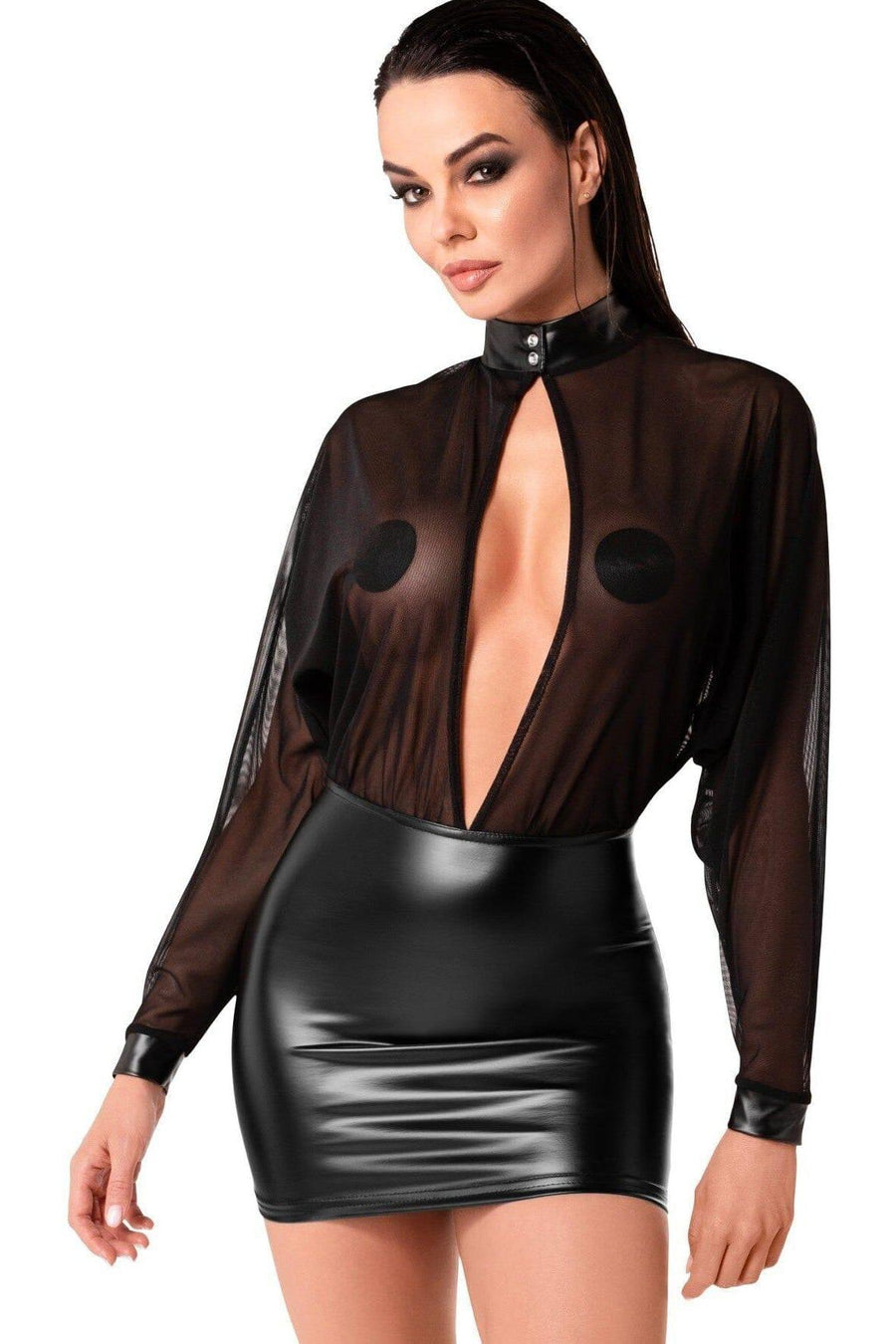 Noir Handmade Opium Power Wetlook And Tulle Mini Dress in Black 