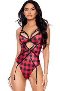 Elegant Moments PLAID STRAPPY DETAILED TEDDY AND GARTER SET in Red  from SexyShoes.com