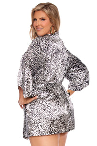 Elegant Moments PLUS SIZE SATIN KIMONO ROBE WITH BELT in Animal 