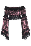 Pink/Black Lace Smocked Flare Sleeve Peasant Top