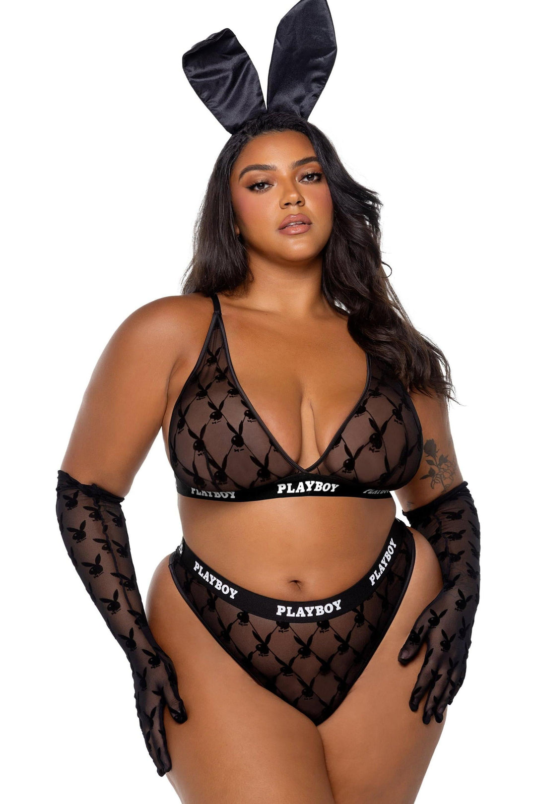 Roma Confidential Playboy Flocked Bunny Bralette 2pc Set in Black  from SexyShoes.com