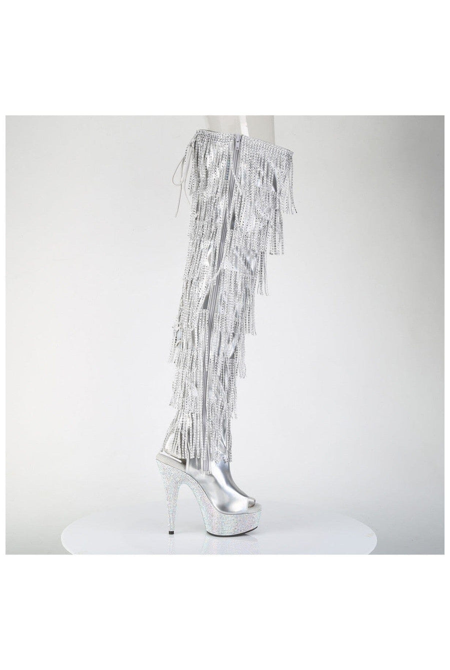 Pleaser  BEJEWELED-3017HG-RSF Thigh Boot in Silver Patent