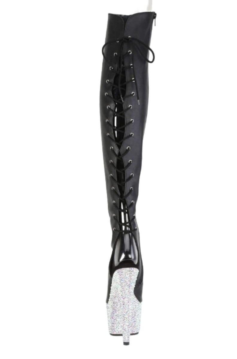 Pleaser  BEJEWELED-3019MS-7 Thigh Boot in Black Faux Leather