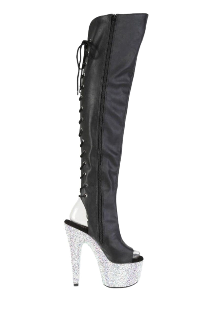 Pleaser  BEJEWELED-3019MS-7 Thigh Boot in Black Faux Leather
