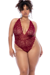 Mapale Plunge Neckline Bodysuit in Wavy Lace in Burgundy  from SexyShoes.com