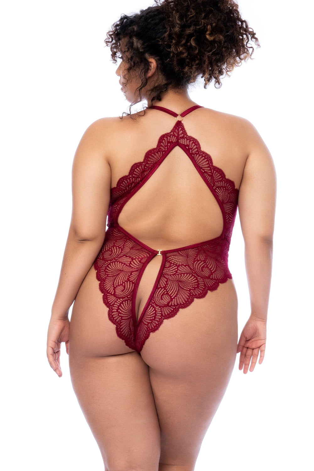 Mapale Plunge Neckline Bodysuit in Wavy Lace in Burgundy 