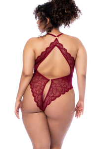 Mapale Plunge Neckline Bodysuit in Wavy Lace in Burgundy 
