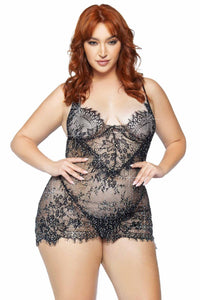 Leg Avenue Plus 2 Piece Eyelash Lace Rhinestone Backless Mini Dress Set in Black  from SexyShoes.com