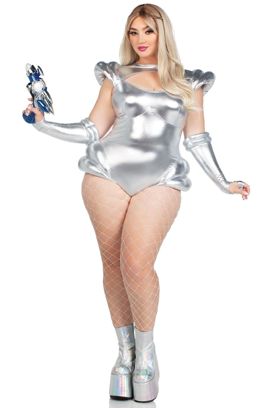 Leg Avenue Plus Size 2 Piece Cosmic Cutie Metallic Lame Bodysuit & Fingerless Gloves in Silver  from SexyShoes.com