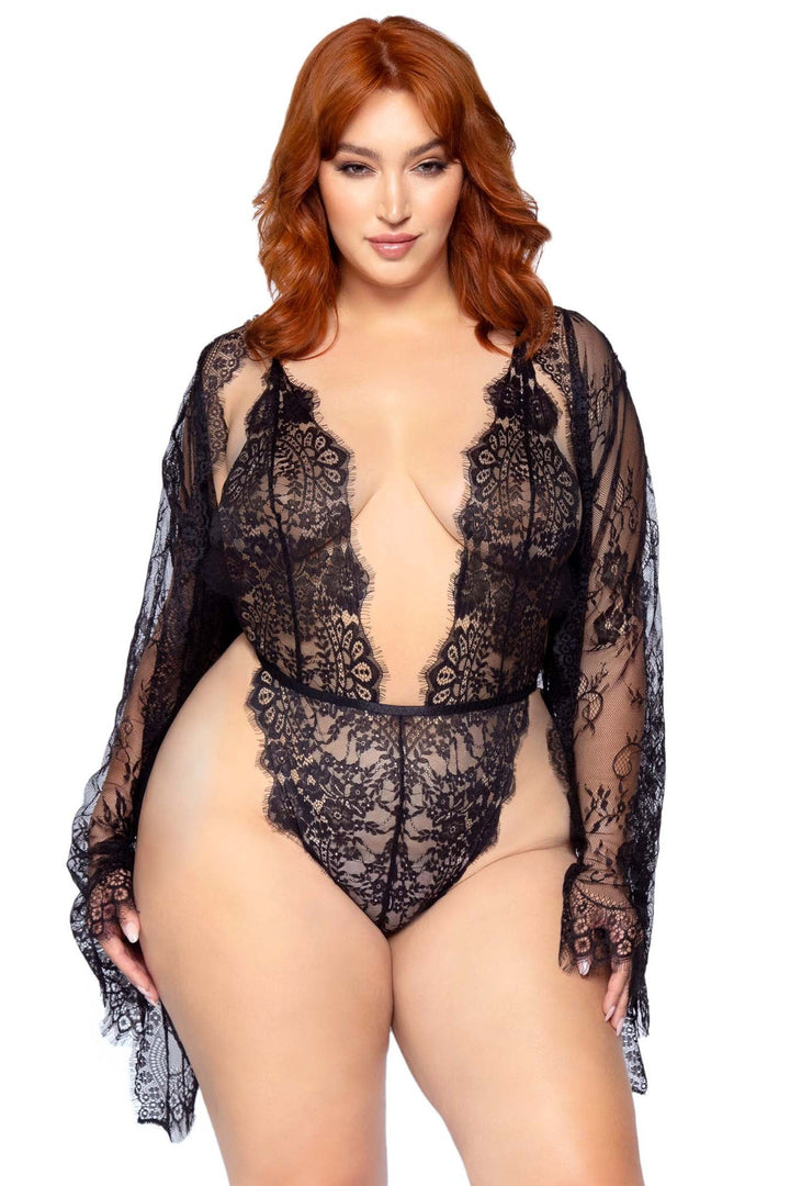 Plus Size 3 Piece Floral Lace Teddy, Thong Back, Matching Robe & Satin Tie