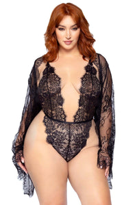 Leg Avenue Plus Size 3 Piece Floral Lace Teddy, Thong Back, Matching Robe & Satin Tie in Black  from SexyShoes.com
