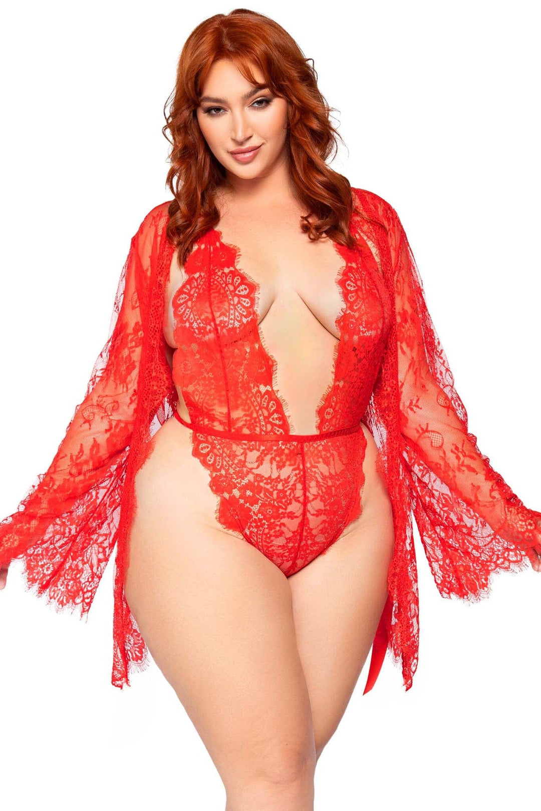 Leg Avenue Plus Size 3 Piece Floral Lace Teddy, Thong Back, Matching Robe & Satin Tie in Red  from SexyShoes.com