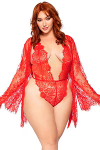 Leg Avenue Plus Size 3 Piece Floral Lace Teddy, Thong Back, Matching Robe & Satin Tie in Red  from SexyShoes.com