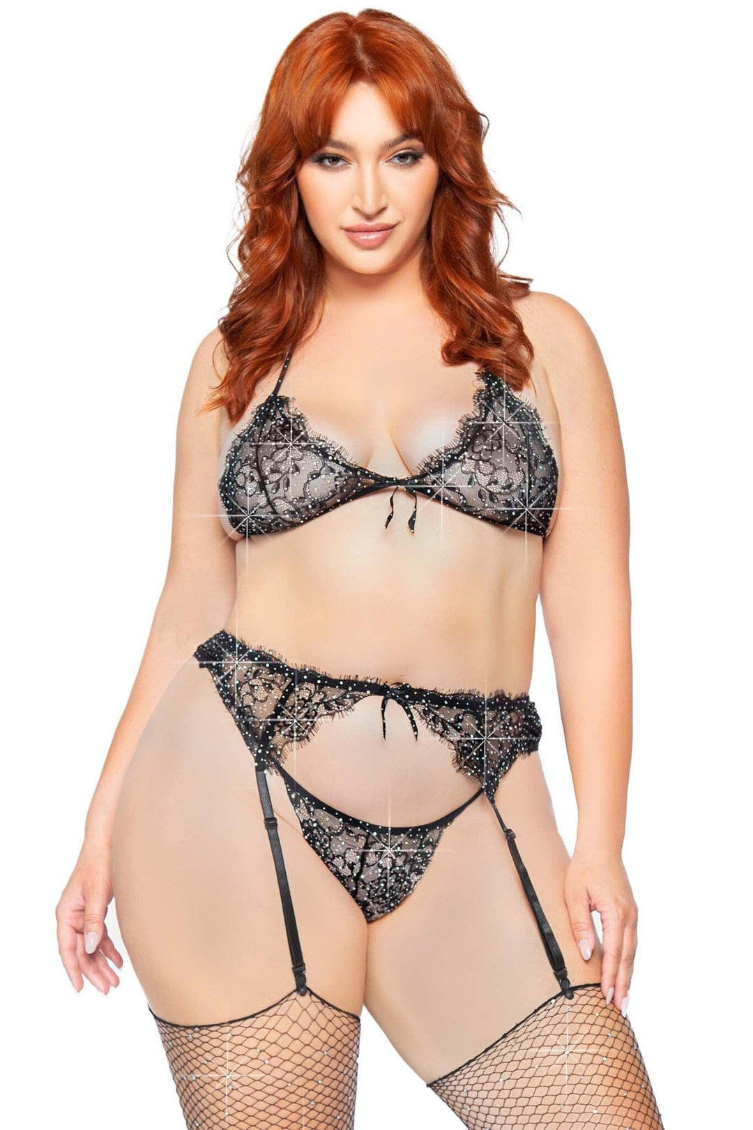 Leg Avenue Plus Size 3 Piece Rhinestone Lace Bra Top Set With Garter Belt & G String in Black  from SexyShoes.com