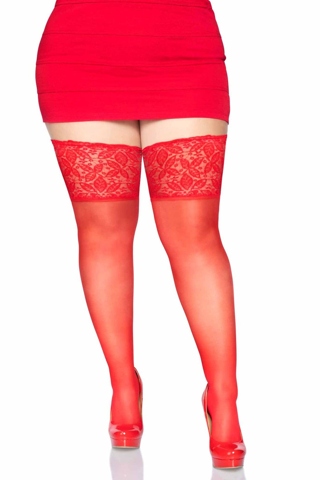 Leg Avenue Plus Size 5 In Lace Lycra Sheer Stay Up Thigh Highs in Red  from SexyShoes.com