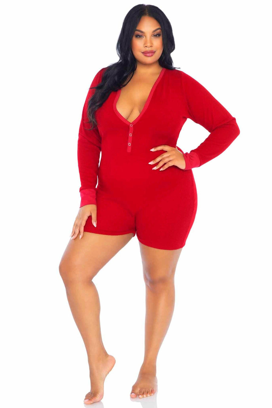 Plus Size Brushed Rib Romber Long Johns, Snap Closure Back Flap-Lingerie Romper-SEXYSHOES.COM