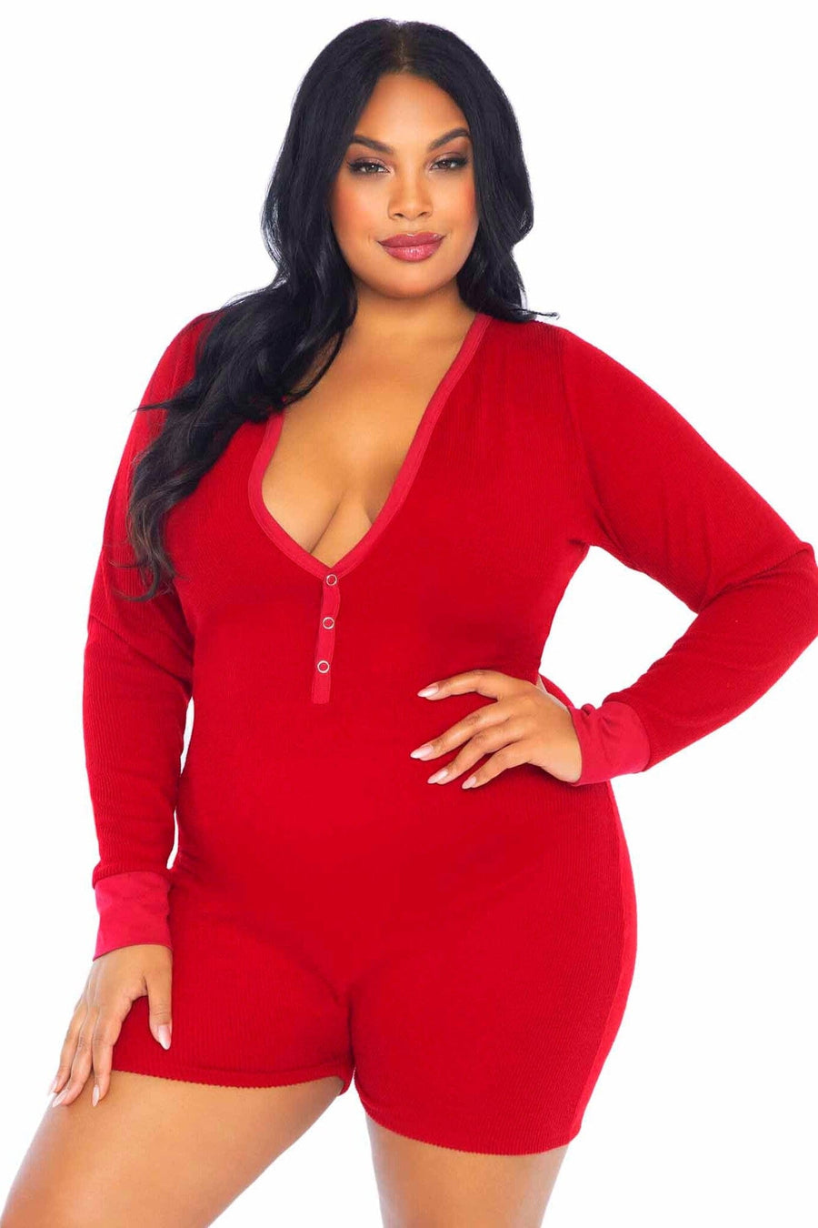 Plus Size Brushed Rib Romber Long Johns, Snap Closure Back Flap-Lingerie Romper-SEXYSHOES.COM