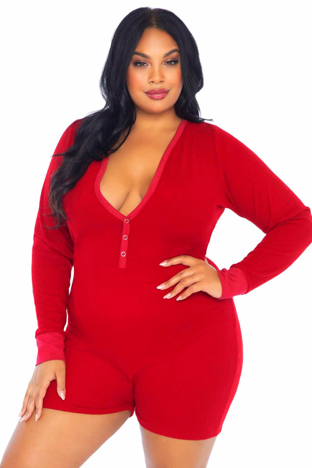 Plus Size Brushed Rib Romber Long Johns, Snap Closure Back Flap