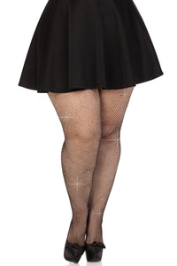 Leg Avenue Plus Size Fishnet Crystalized Tights With Multi Sized Iridescent Rhinestones in Black  from SexyShoes.com