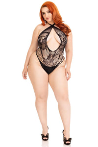 Leg Avenue Plus Size Lace And Net Keyhole Crossover Halter Teddy in Black  from SexyShoes.com