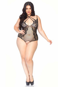 Leg Avenue Plus Size Lace Net Crotchelss Strappy Halter Neck & Faux Lace Up Teddy in Black  from SexyShoes.com