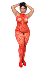 Plus Size Red Fishnet Bodystocking with Rhinestone Detail