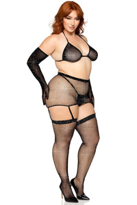 Plus Size Rhinestone Fishnet Garter Skirt Set W/Bikini Top & Accessories-Lingerie Sets-SEXYSHOES.COM