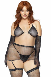 Leg Avenue Plus Size Rhinestone Fishnet Garter Skirt Set W/Bikini Top & Accessories in Black  from SexyShoes.com