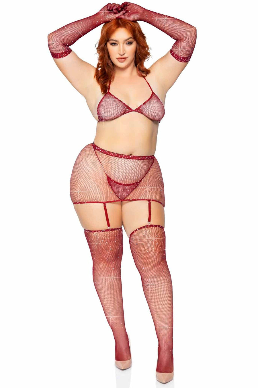 Plus Size Rhinestone Fishnet Garter Skirt Set W/Bikini Top & Accessories-Lingerie Sets-SEXYSHOES.COM