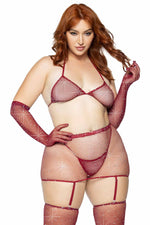 Plus Size Rhinestone Fishnet Garter Skirt Set W/Bikini Top & Accessories