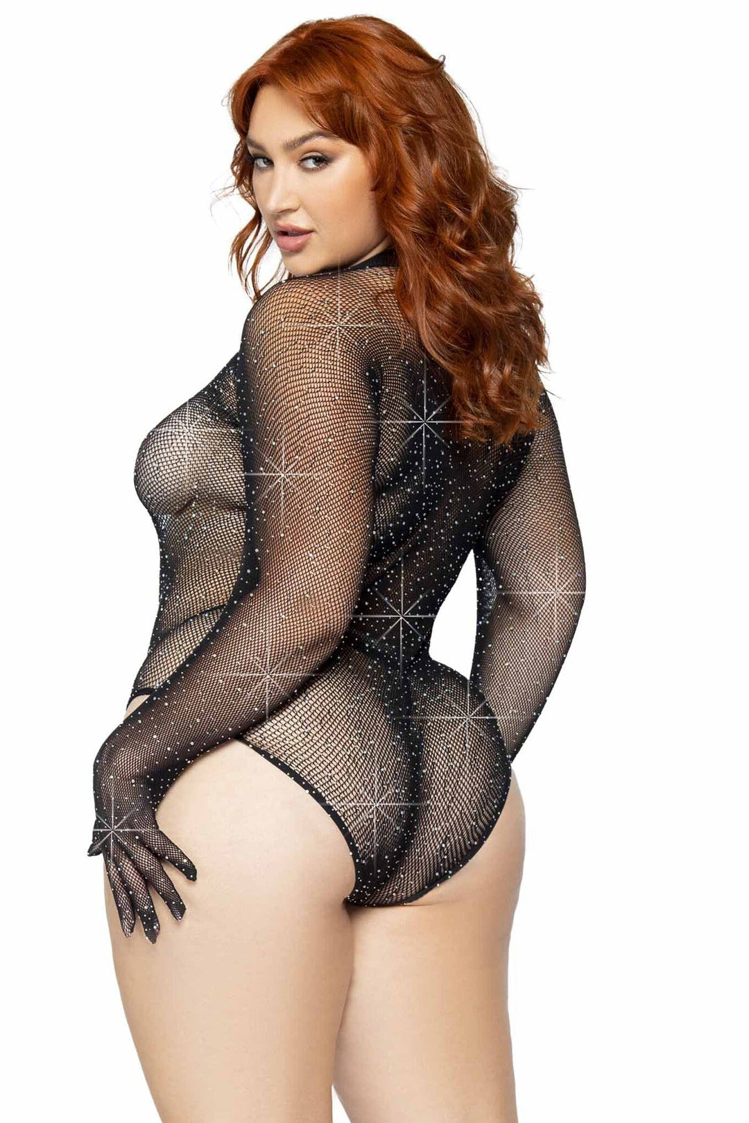 Plus Size Rhinestone Fishnet Gloved Bodysuit With Snap Crotch-Bodysuits-SEXYSHOES.COM