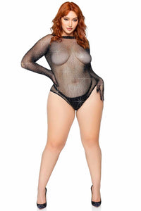Plus Size Rhinestone Fishnet Gloved Bodysuit With Snap Crotch-Bodysuits-SEXYSHOES.COM