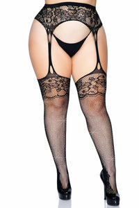 Leg Avenue Plus Size Rhinestone Lace Top Fishnet Stocking W/Attached Garterbelt & Lace Footing in Black  from SexyShoes.com