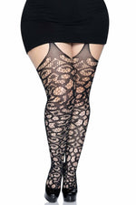 Plus Size Scroll Lace Soft Elastic Waistband With Attached Garter Belt