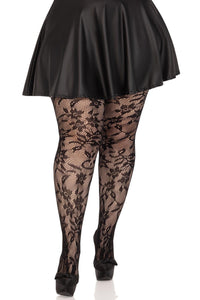 Leg Avenue Plus Size Seamless Chantilly Floral Lace Tights in Black  from SexyShoes.com