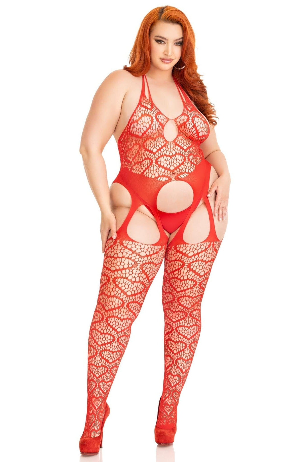 Leg Avenue Plus Size Seamless Heart Net Suspender Bodystocking in Red  from SexyShoes.com