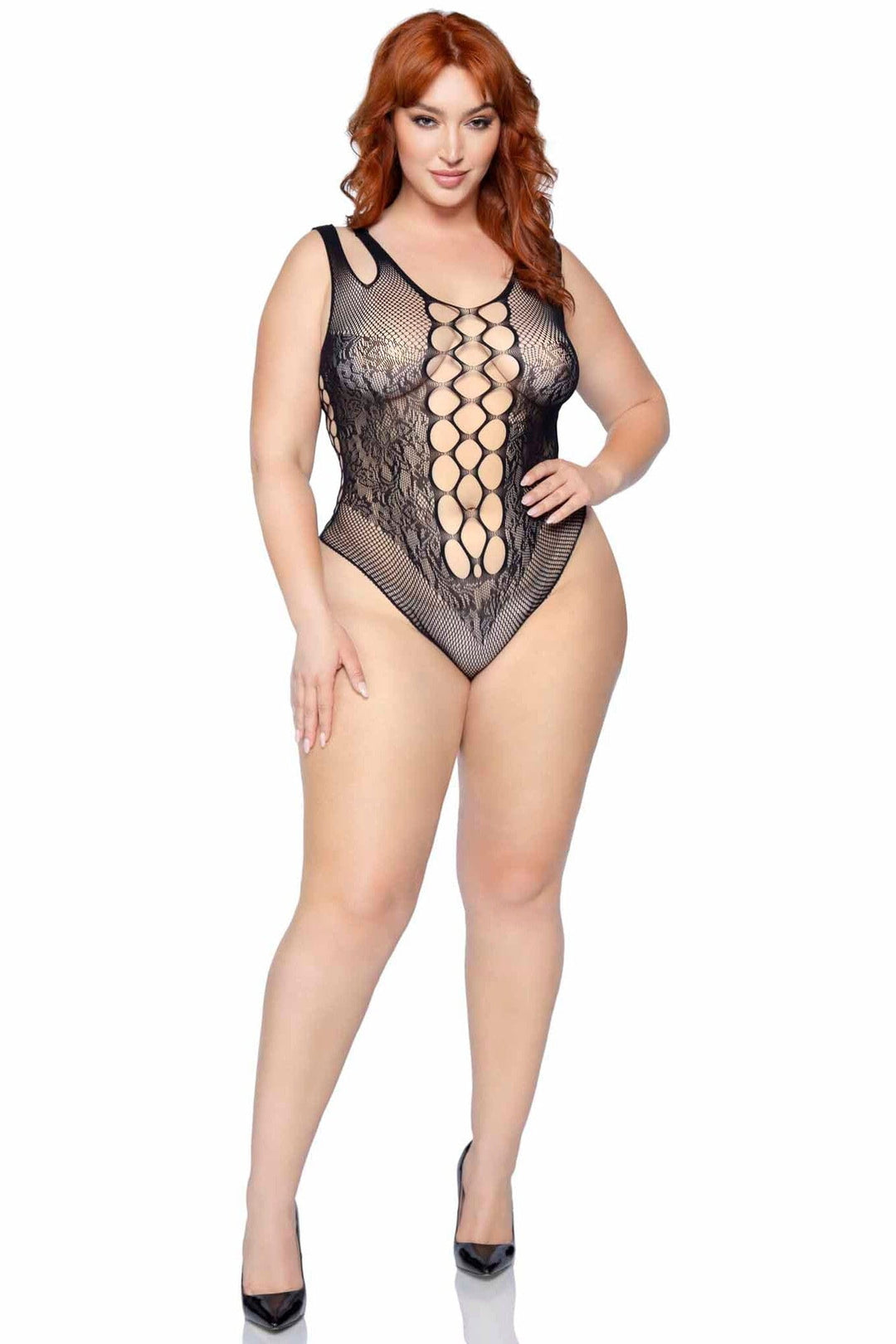 Leg Avenue Plus Size Seamless Net & Lace Bodysuit With Dual Straps in Black  from SexyShoes.com